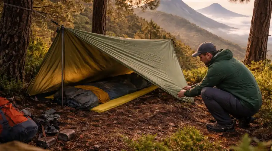 seorang pendaki sedang membangun bivak