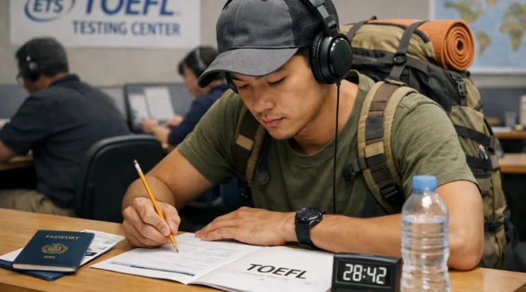 seorang traveller sedang mengerjakan test toefl