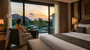 seorang traveller yang menginap di luxury hotel seminyak